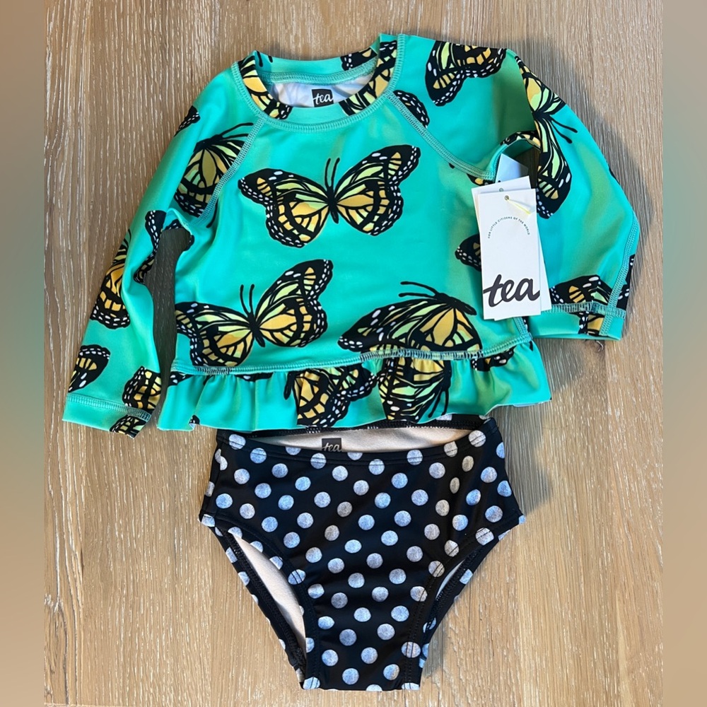🖤🐝NWT TEA COLLECTION BUTTERFLY & POLKA DOTS RASHGUARD + BOTTOM🐝🖤